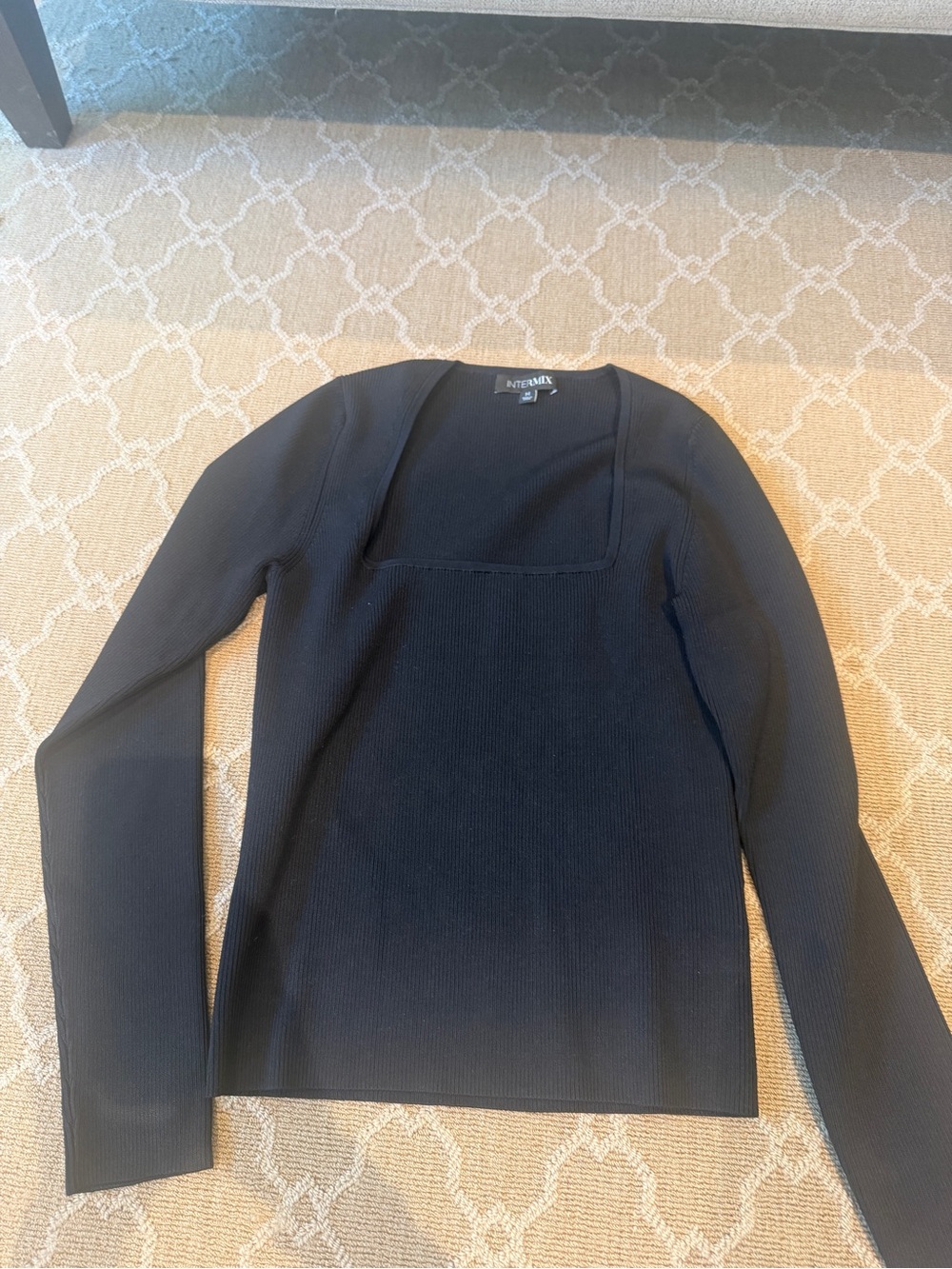 INTERMIX Black Ribbed Square-Neck Long Sleeve Top